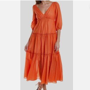 $371 Marchesa Notte Women's Orange Puff-Sleeve Tiered Voile Midi Dress Size 4